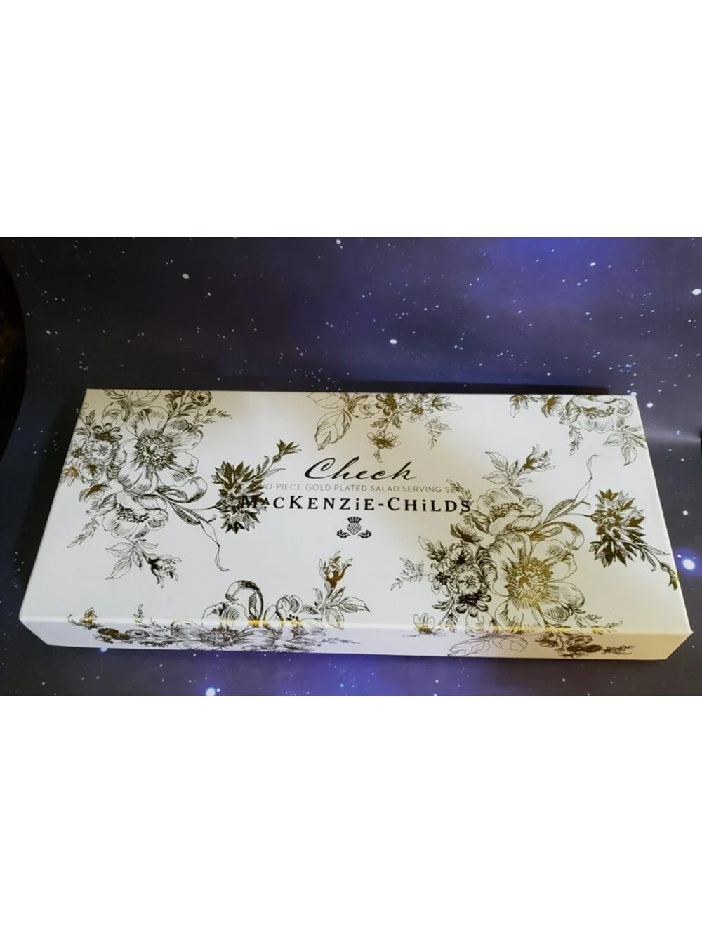 McKenzie Childs Gold Plated Salad Serving Set NEW IN BOX Check Pattern